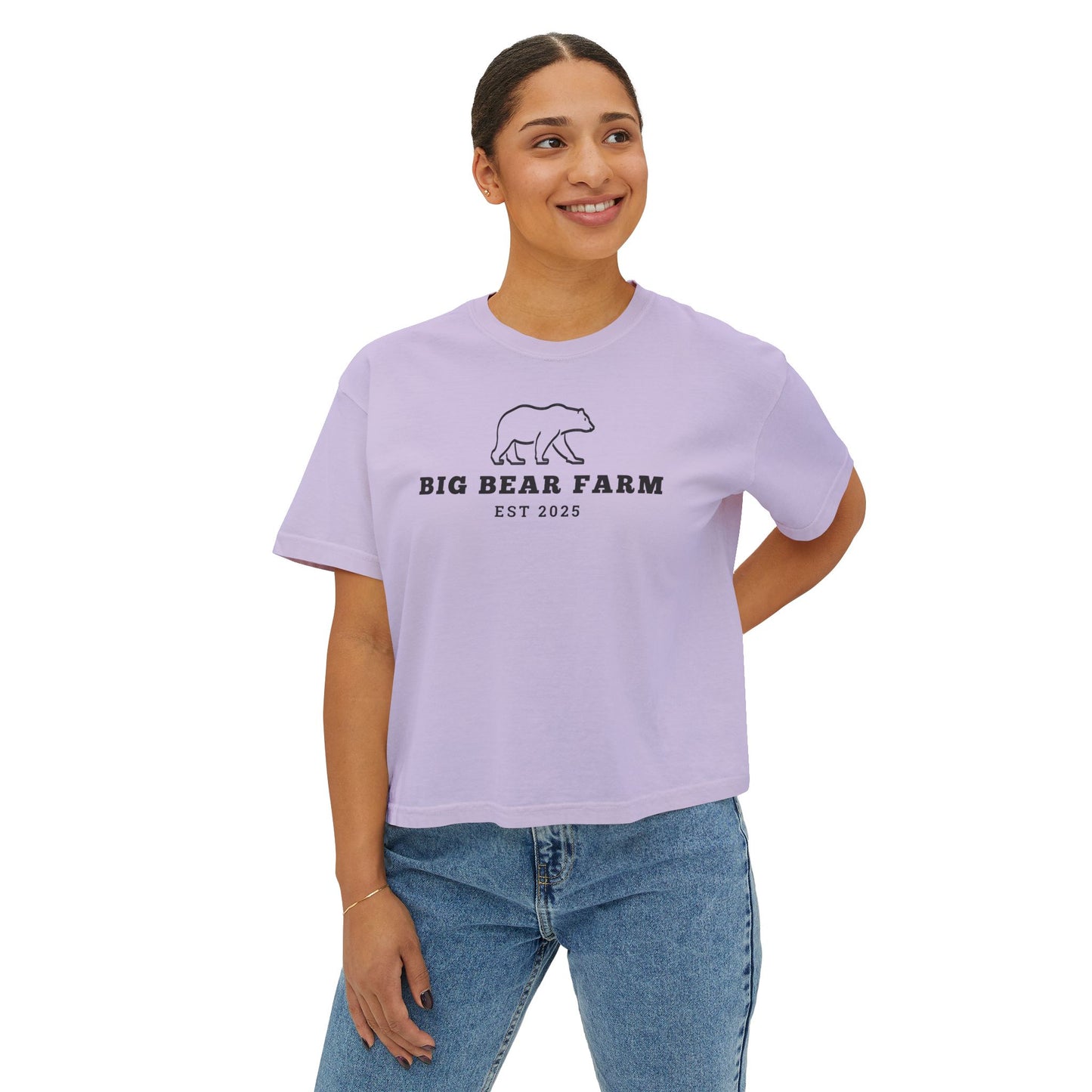 INSPIRED Big Bear Farm Women's Boxy Tee — Minimal Rustic Bear Logo, Est. 2025