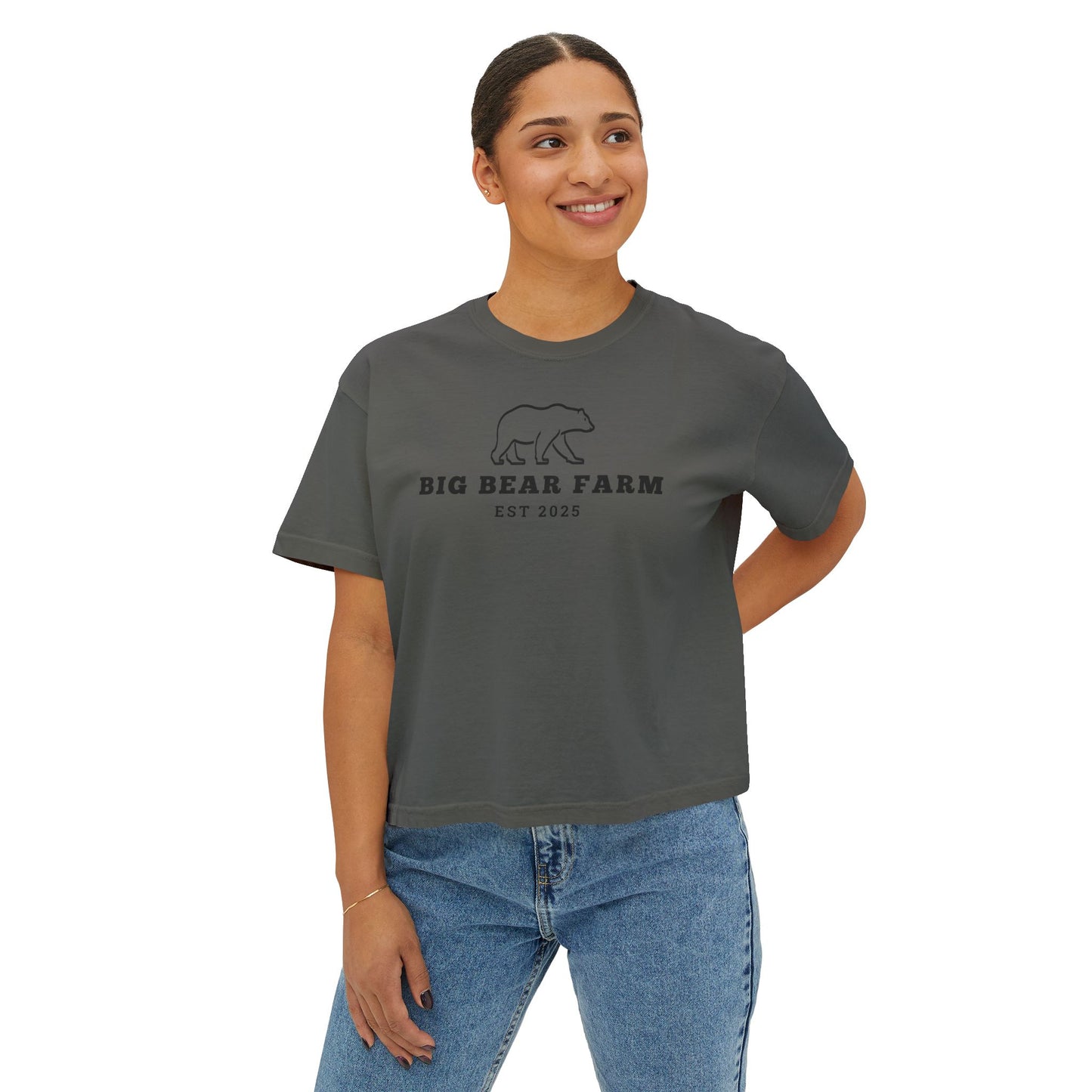 INSPIRED Big Bear Farm Women's Boxy Tee — Minimal Rustic Bear Logo, Est. 2025