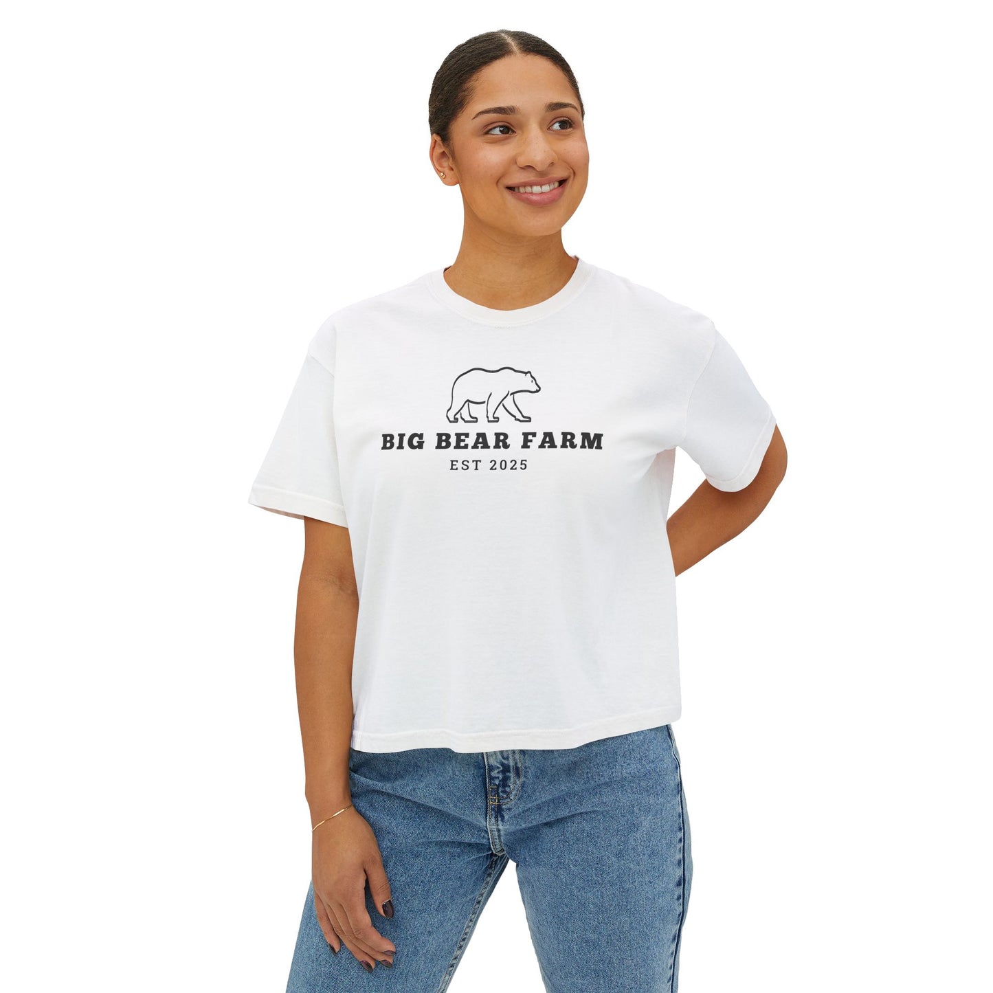 INSPIRED Big Bear Farm Women's Boxy Tee — Minimal Rustic Bear Logo, Est. 2025