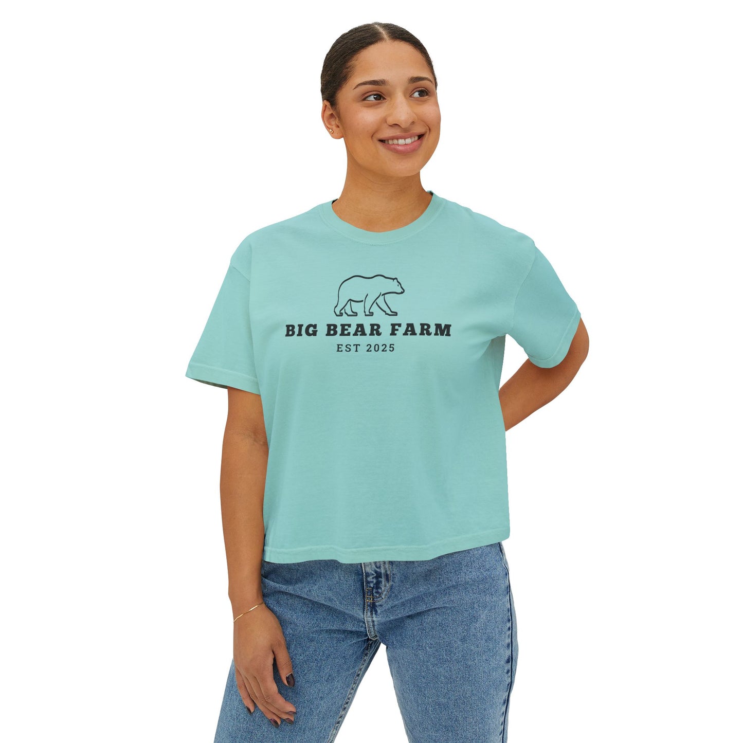 INSPIRED Big Bear Farm Women's Boxy Tee — Minimal Rustic Bear Logo, Est. 2025
