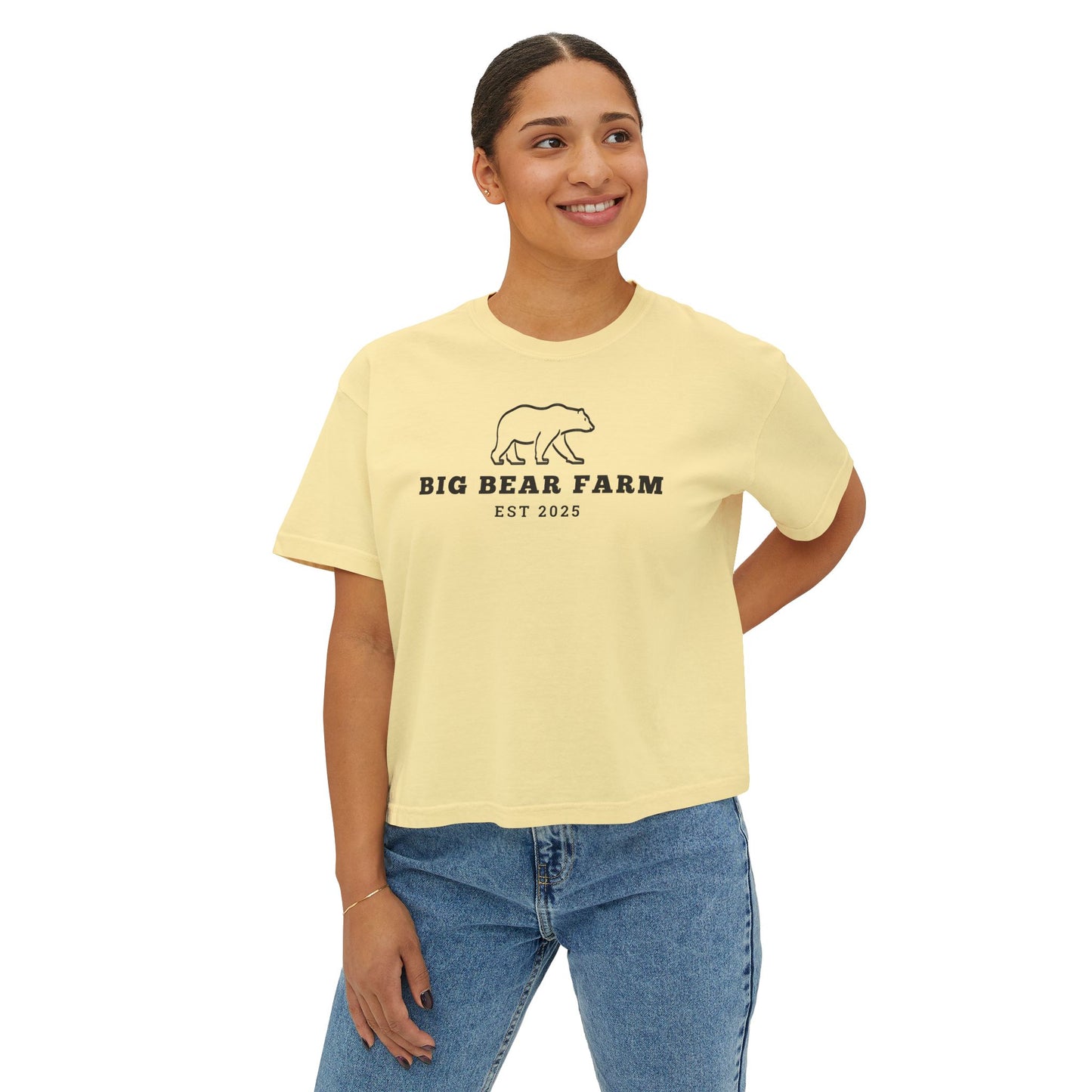 INSPIRED Big Bear Farm Women's Boxy Tee — Minimal Rustic Bear Logo, Est. 2025