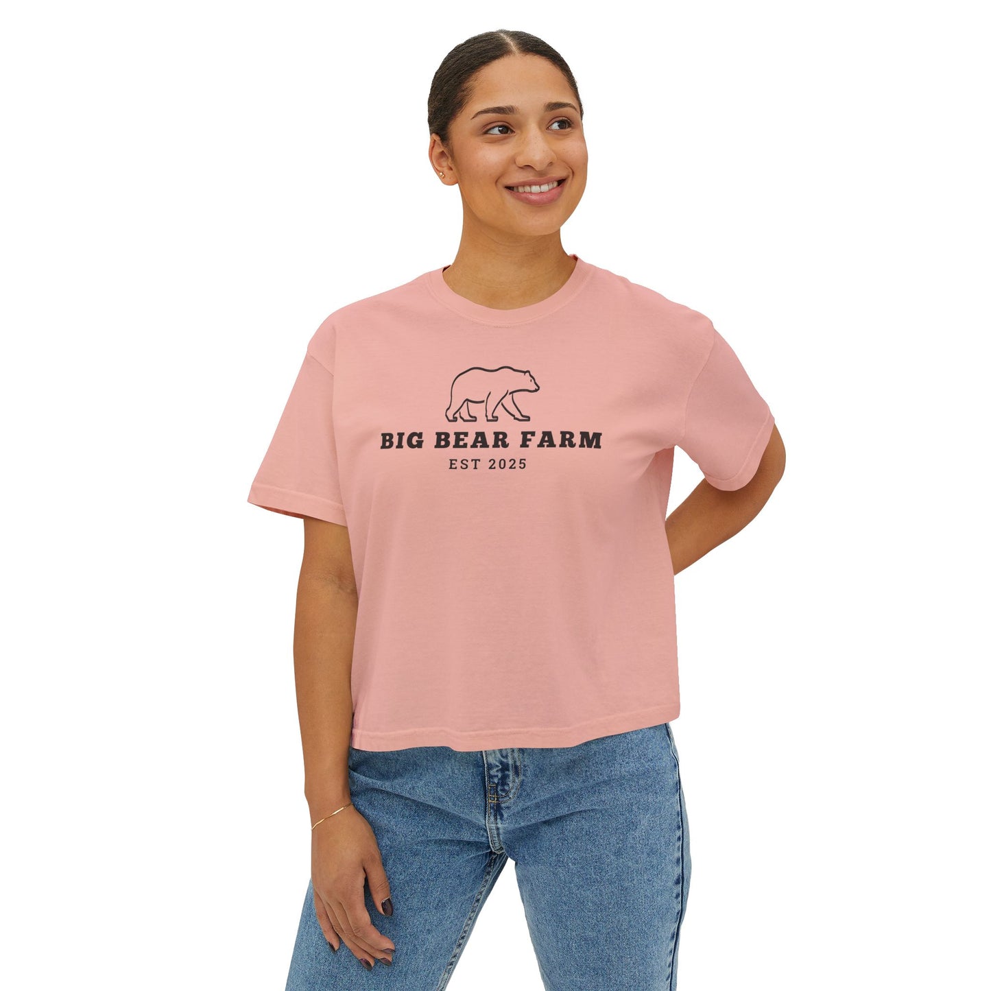 INSPIRED Big Bear Farm Women's Boxy Tee — Minimal Rustic Bear Logo, Est. 2025